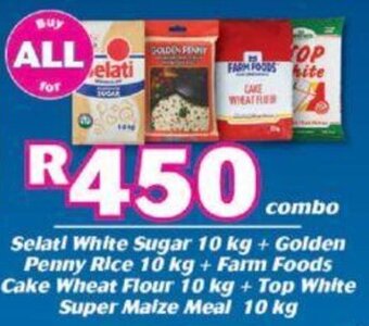 Cambridge Food Selati White Sugar 10kg + Golden Penny Rice 10kg + Farm Foods Cake Wheat Flour 10kg + Top White Super Maize Meal 10kg offer