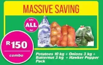 Cambridge Food Potatoes 10kg + Onions 3kg + Butternut 3kg + Hawker Pepper pack offer