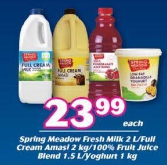 Spring Meadow Fresh Milk 2L / Full Cream Amasi 2kg / 100% Fruit Juice Blend 1.5L / Yoghurt 1kg