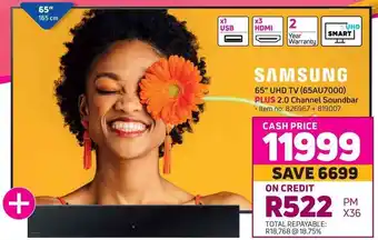 Game Samsung - 65" UHD TV (65AU7000) Plus 2.0 Channel Soundbar offer