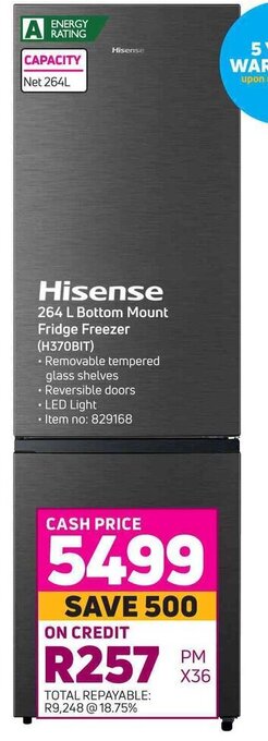 Game Hisense - 264 L Bottom Mount Fridge Freezer offer