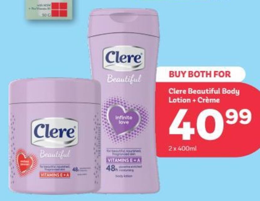 Clere Beautiful Body Lotion + Créme 2 x 400ml offer at PEP