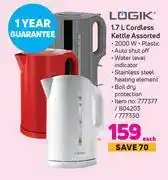 Game Logik 1.7l cordless kettle assorted-each offer