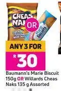 Game Baumann's marie biscuit 150g or willards cheas naks 135g assorted-for any 3 offer