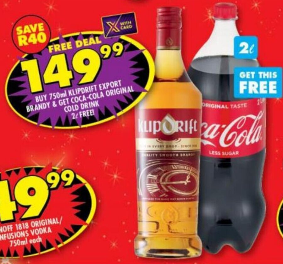 Klipdrift Export Brandy 750ml & CocaCola Original Cold Drink 2L offer