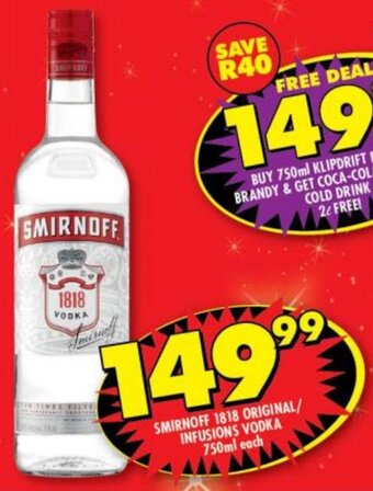 Shoprite Liquor Smirnoff 1818 Original / Infusions Vodka 750ml offer