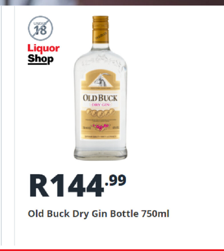 Old Buck Dry Gin Bottle 750ml offer at Shoprite Liquor