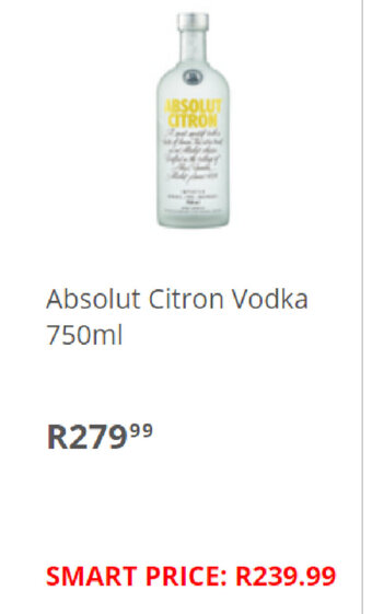 Pick n Pay Liquor Absolut Citron Vodka 750ml offer