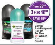 Dis-Chem Garnier anti perspirant roll on for men or women assorted-50ml offer