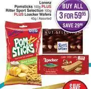 Lorenz pomsticks 100g + ritter sport selection 100g + loacker wafers 45g assorted-for all