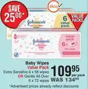 Dis-Chem Johnson's baby wipes value pack extra sensitive 6x56 wipes- per pack offer