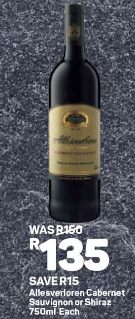 Pick n Pay Allesverloren Cabernet Sauvignon or Shiraz 750ml offer