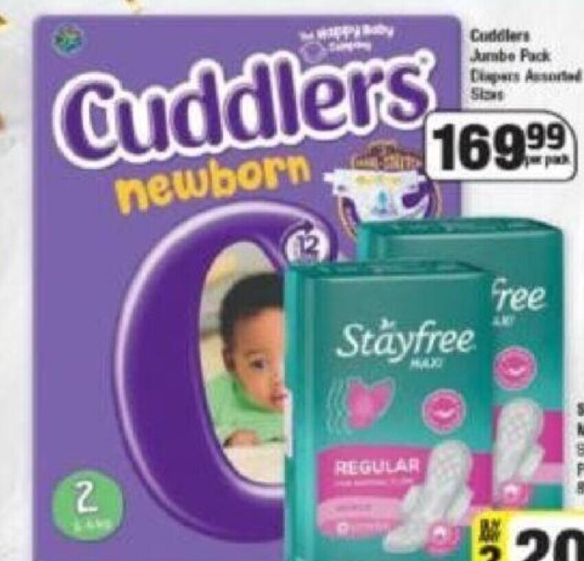 Cuddlers Jumbo Pack Diapers Assorted Size per pack offer at Spar
