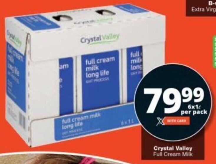 Checkers Crystal Valley Full Cream Milk 6 x 1L per pack offer