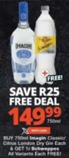 Checkers Imagin Classic / Citrus London Dry Gin 750ml & Schweppes all variants 1L offer