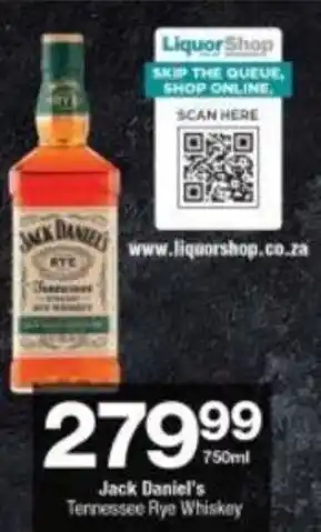 Checkers Jack Daniel's Tennessee Rye Whisky 750ml offer
