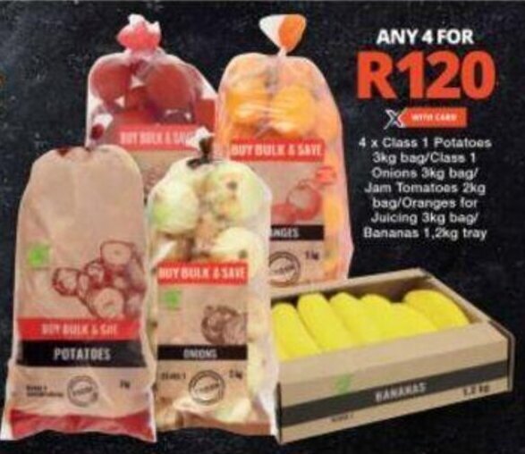 Class 1 Potatoes 3kg / Class 1 Onions 3kg / Jam Tomatoes 2kg / Oranges