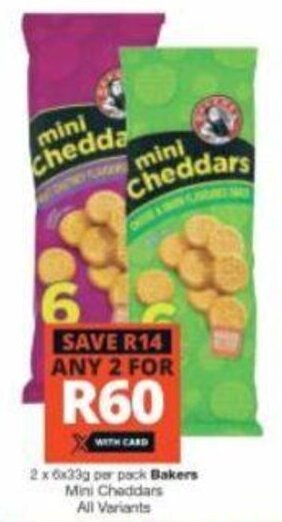 Checkers Bakers Mini Cheddars all variants 2 x 6 x 33g offer