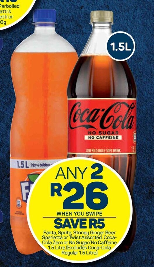 Pick n Pay Fanta, Sprite, Stoney Ginger Beer Sparlette or Twist Assorted, Coca-Cola Zero or No Sugar / No Caffeine 2 x 1.5 litre offer