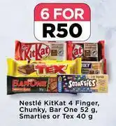 Food Lover's Market Nestle kitkat 4 finger, chunky, bar one 52g, smarties or tex 40g-for 6 offer