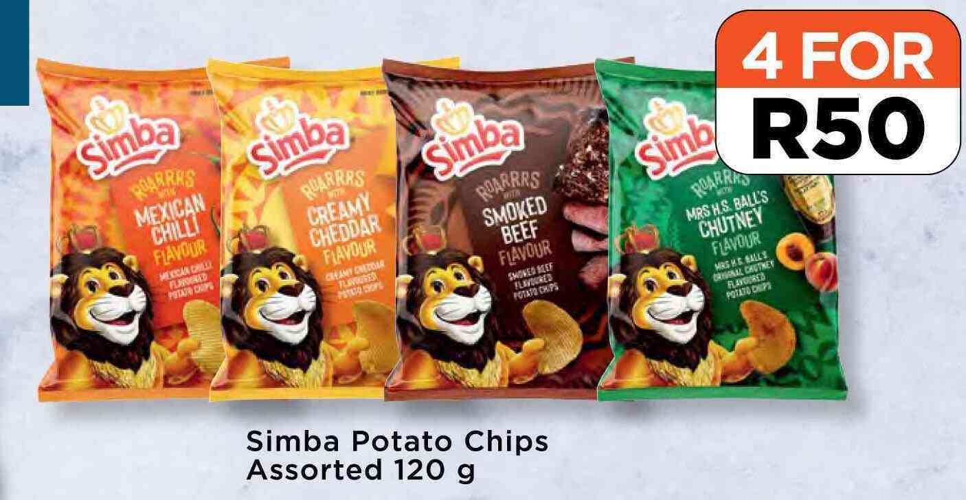 Simba potato chips assortedfor 4 x 120g offer at Food Lover's Market