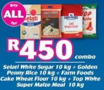 Cambridge Food Selati White Sugar 10kg + Golden Penny Rice 10kg + Farm Foods Cake Wheat Flour 10kg + Top White Super Maize Meal 10kg offer