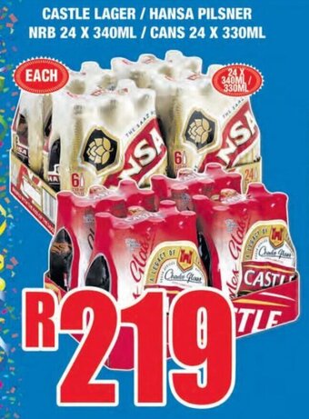 Boxer Liquors Castle Lager / Hansa Pilsner NRB 24 x 340ml / Cans 24 x 330ml offer
