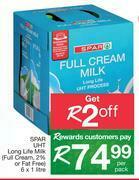 Spar Spar UHT Long Life Milk (Full Cream, 2% Or Fat Free)-6 x 1Ltr Per Pack offer