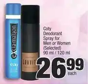 Coty Deodorant Spray For Men Or Women (Selected)-90ml/ 120ml Each