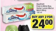Spar Aquafresh Fresh & Minty Blue, Herbal, Lemon Mint Or Mild & Minty-For Any 2 x 100ml offer