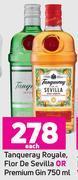 Tanqueray royale, flor de sevilla or premium gin-750ml each