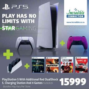 Incredible Connection Playstation 5 with Additional Red Dual Shock 5, Charging Station and 4 Games offer