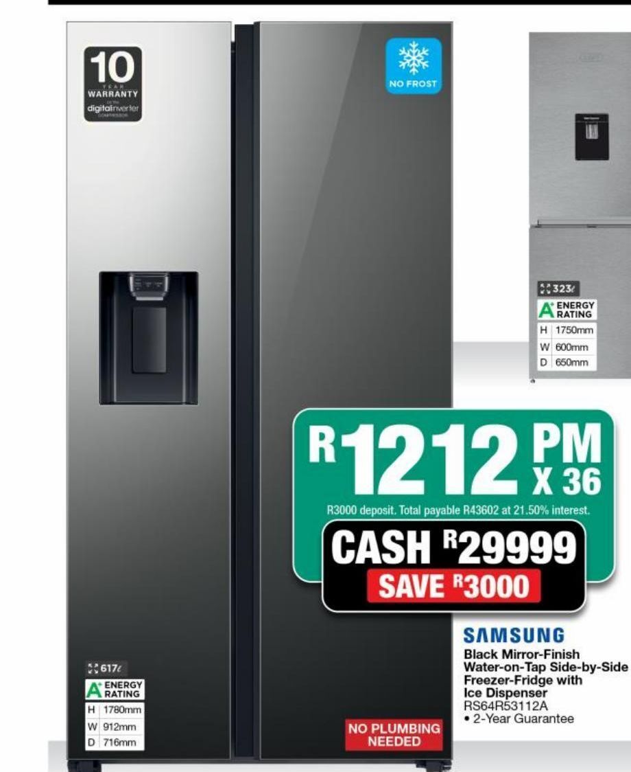 Black mirror finish water on tap side by side freezer fridge with ice