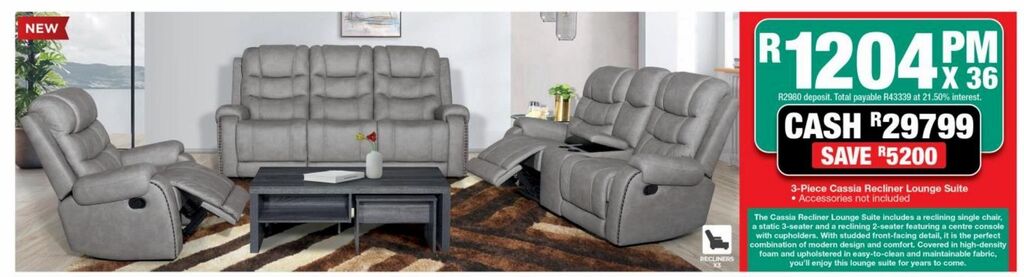 Cassia 3pce 3 motion addo grey fabric lounge suite offer at House