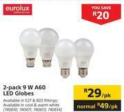 Builders Warehouse Eurolux 2 Pack 9W A60 LED Globes-Per Pack offer