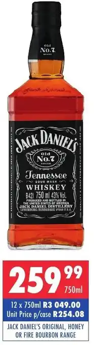 Jack Daniel's Original, Honey or Fire Bourbon Range 750ml