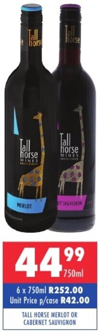 Ultra Liquors Tall Horse Merlot or Cabernet Sauvignon 750ml offer
