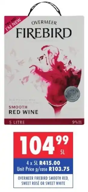 Overmeer Firebird Smooth Red, Sweet Rosé Or Sweet White 5L