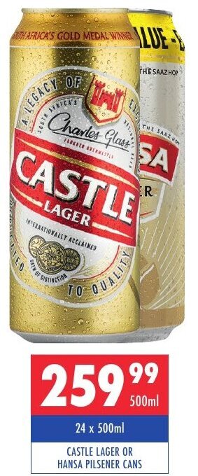 Castle Lager or Hansa Pilsener Cans 500ml