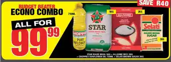 Star Maize Meal 5kg + Allsome Rice 2kg + Choppies Sunflower Oil 750ml + Selati Brown Sugar 2kg