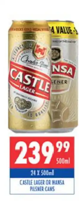 Ultra Liquors Castle Lager or Hansa Pilsner Cans 24x500ml offer