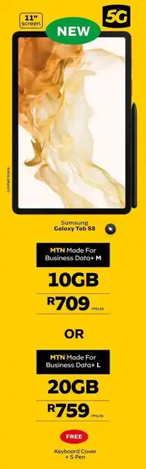 MTN Samsung Galaxy Tab S8 11" 5G / MTN Made for Business Data+ M 10GB offer