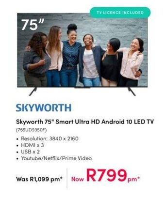Teljoy Skyworth 75" Smart Ultra HD Android 10 LED TV offer