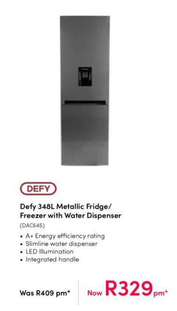 Defy 348L Metallic Fridge / Freezer with Water Dispenser offer at Teljoy