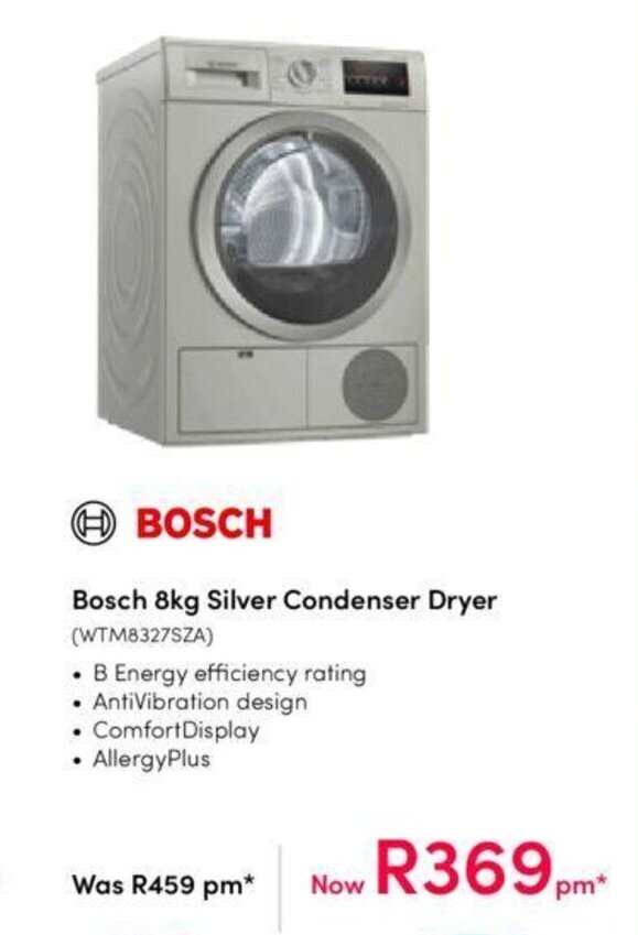 Bosch 8kg Silver Condenser Dryer offer at Teljoy