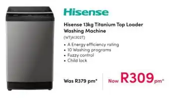 Teljoy Hisense 13kg Titanium Top Loader Washing Machine offer