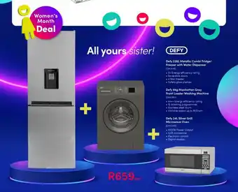 Teljoy Defy 226L Combi Fridge / Freezer with Water Dispenser + 6kg Front Loader Washing Machine / 34L Grill Microwave Oven offer