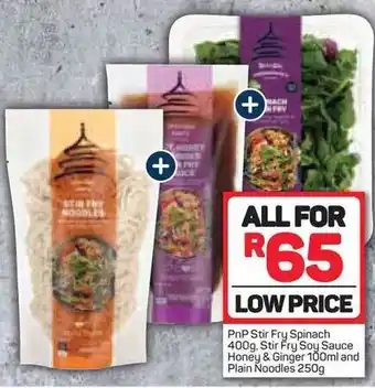 Pick n Pay PnP Stir Fry Spinach 400g, Stir Fry Soy Sauce Honey & Ginger 100ml and Plain Noodles 250g offer