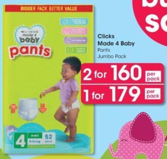 Clicks Made for Baby Pants Jumbo Pack offer at Clicks