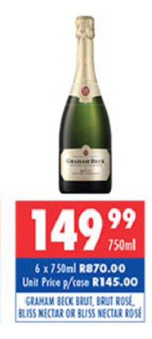 Graham Beck Brut, Brut Rose, Bliss Nectar or Bliss Nectar Rose 750ml